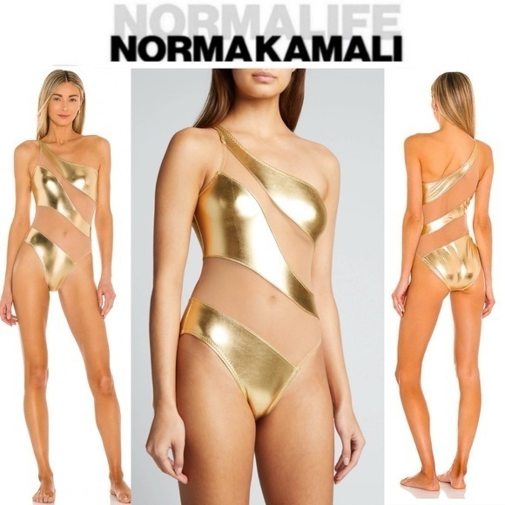 Norma Kamali Snake Mesh One-Piece Swimsuit in Gold/Nude sz L 265$